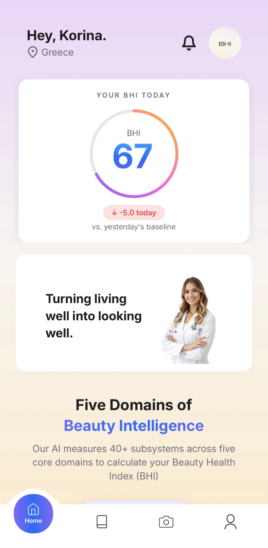 BHI app home screen showing today's index