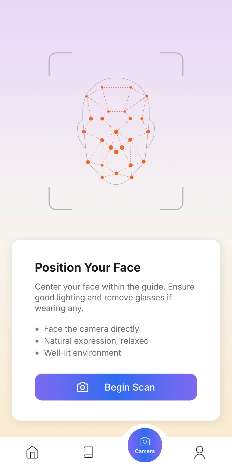 BHI app scan screen with facial guide overlay