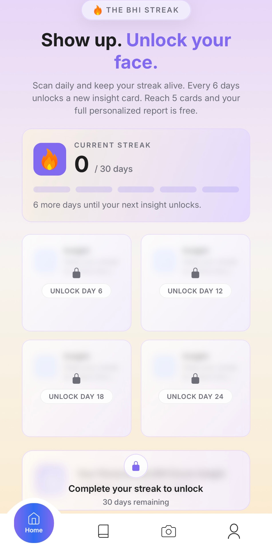 BHI app streak screen with locked insight cards